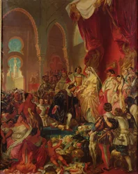 Kolumbusz Kristóf (1450-1506) II. Ferdinánd (1452-1516) aragóniai és Izabella (1451-1504) előtt, 1861